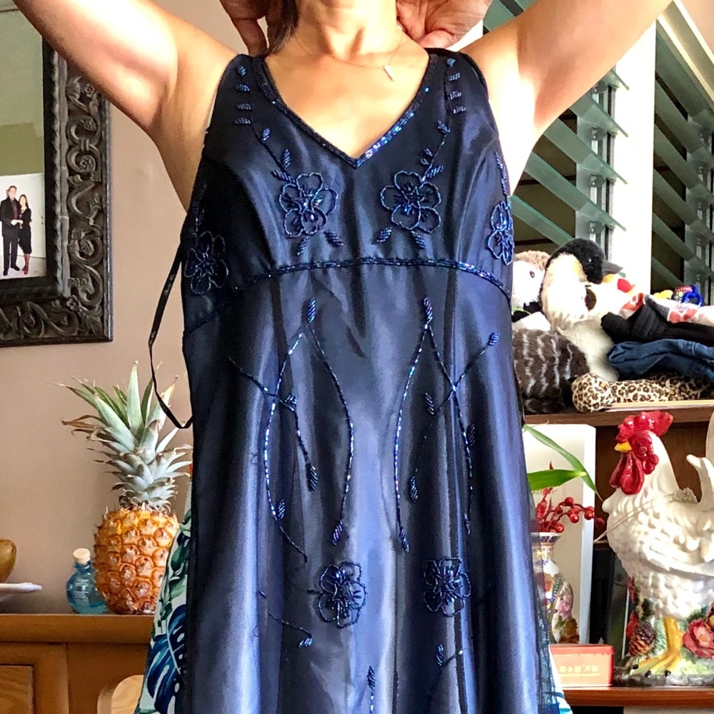 Beaded satin blue gown